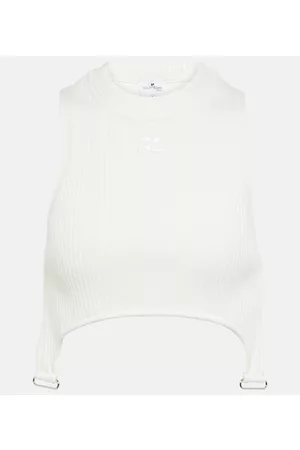 Courrèges Ribbed-knit cropped top with suspenders