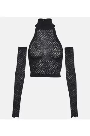 Alessandra Rich Kobieta Wiązane na szyi - Halterneck lace crop top with gloves