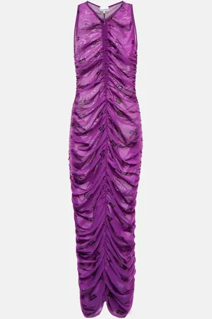 Ganni Printed ruched mesh midi dress