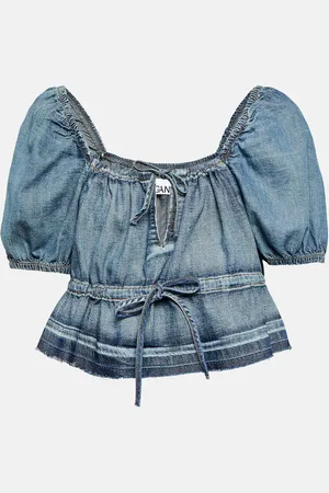 Ganni Puff-sleeve denim crop top