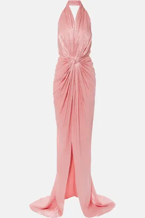 Costarellos Joa draped metallic georgette gown