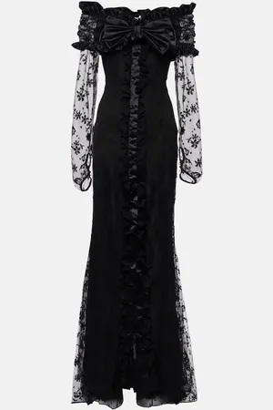 Alessandra Rich Bow-detail ruffled off-shoulder lace gown