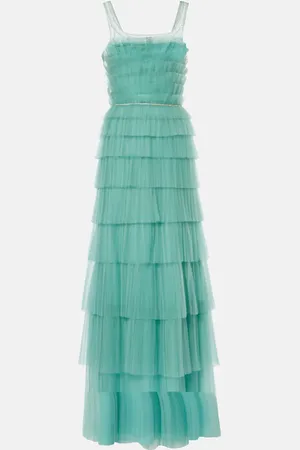 Costarellos Kali embellished tulle-trimmed plissÃ© gown