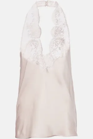 Saint Laurent Lace-trimmed halterneck silk charmeuse top