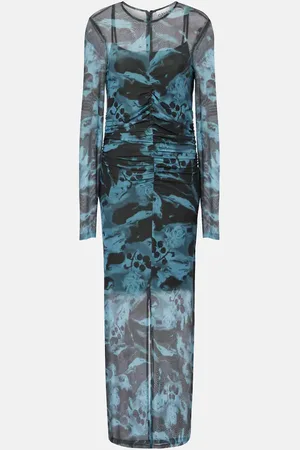 Ganni Printed ruched mesh maxi dress
