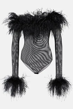 Oseree OsÃ©ree Feather-trimmed mesh bodysuit