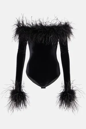Oseree OsÃ©ree Feather-trimmed velvet bodysuit