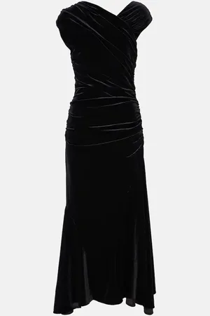 Ganni Asymmetric ruched velvet midi dress