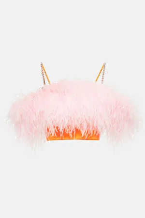 Self-Portrait Feather-trimmed satin crop top
