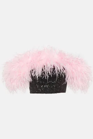 Self-Portrait Feather-trimmed sequined crop top