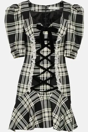 Alessandra Rich Lace-up checked wool minidress