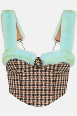 AREA Embellished faux-fur trimmed bustier