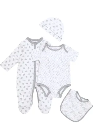 Rachel Riley Baby printed cotton onesie, playsuit, bib and beanie set