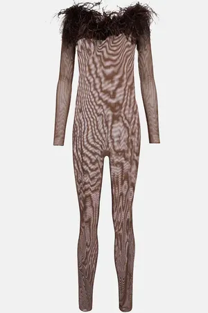Oseree OsÃ©ree Feather-trimmed mesh jumpsuit