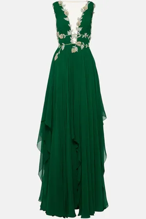 Costarellos Embroidered V-neck draped silk gown