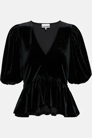 Ganni Puff-sleeve velvet jersey top