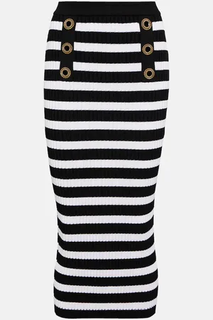 Balmain Embellished striped knit midi skirt