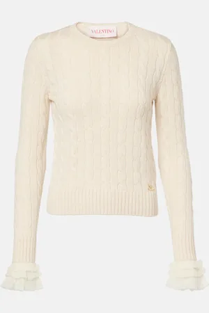 VALENTINO Cable-knit ruffled cashmere sweater
