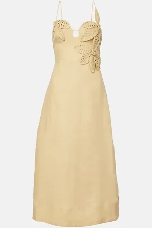 Farm Rio Sand floral-appliquÃ© linen midi dress