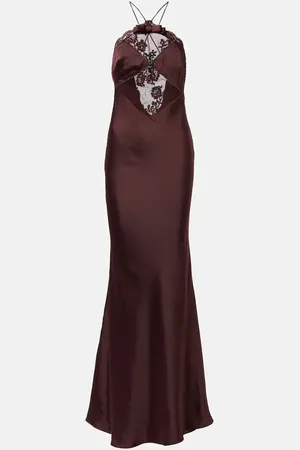 Self-Portrait Lace-trimmed halterneck satin gown
