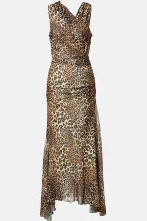 Ganni Ruched leopard-print mesh maxi dress