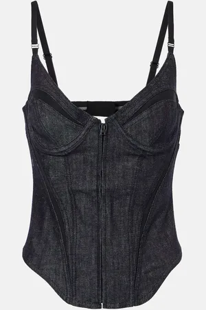 MUGLER Mesh-trimmed denim corset