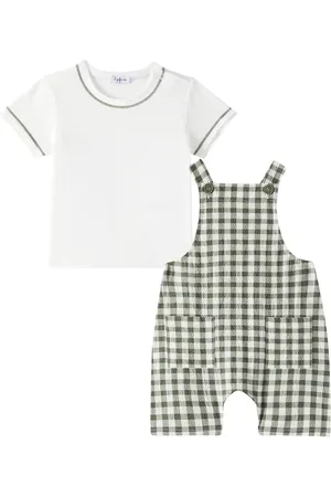 Il gufo Baby checked overalls and T-shirt set
