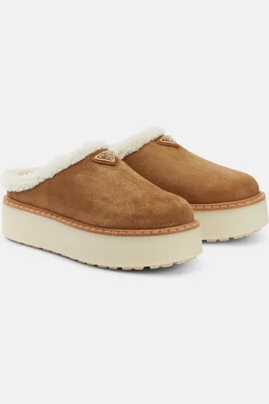 Prada Evolve shearling-lined suede platform mules
