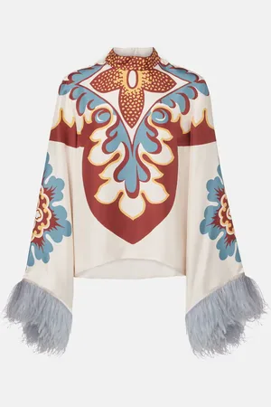 La DoubleJ Make An Exit feather-trimmed silk top