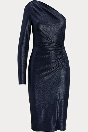 Ralph Lauren Blue Mufray One-Shoulder Metallic Foil Cocktail Dress40