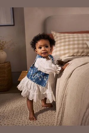 Next 100% Cotton Woven Baby Broderie Dress And Denim Waistcoat Set (0mths-2yrs)56 cm