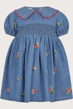 Monsoon Baby Floral Print Embroidered Chambray 100% Cotton Dress10