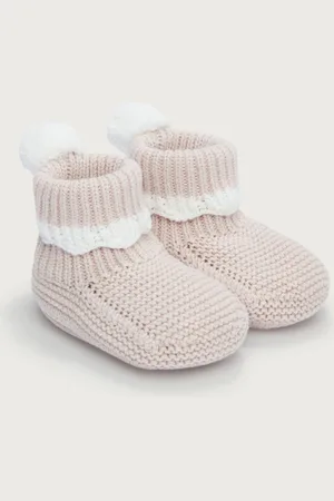The White Company Pink 100% Organic Cotton Scallop Pom Knitted Pram Booties Rompersuit7480 cm