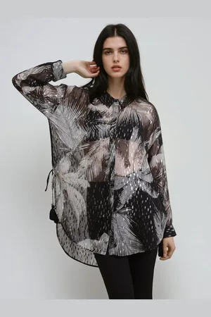 Religion Tanzanite Oversized Shirt In Lurex Palm Print With Tassels38