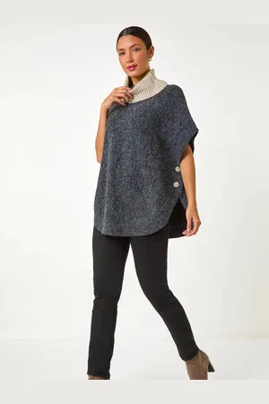 Roman Contrast Roll Neck Button Knit PonchoL