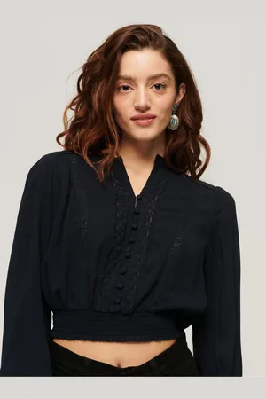 Superdry 100% Cotton Long Sleeves Lace Trim Smocked Blouse40