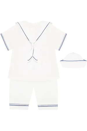 Emile et Rose Linen Style Sailor Collar & Trim 100% Cotton 2Pc Shorts & Hat Set9298 cm