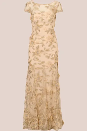 Adrianna Papell Natural Floral Embroidered Godet Gown38