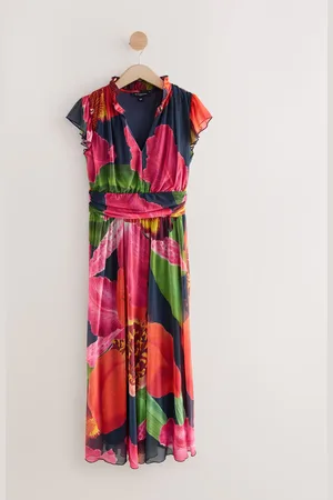 Next Kew Collection Pleated Mesh Print V-Neck Occasion Midi Dress46tall