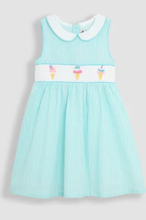 JoJo Maman Bébé Seersucker Stripe Smocked 100% Cotton Dress8692 cm