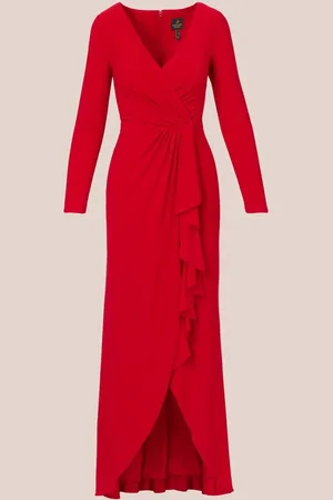 Adrianna Papell Red Jersey Draped Long Sleeve Gown40