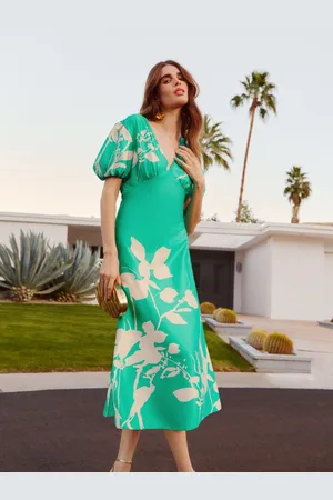 Friends Like These V-Neck Satin Puff Sleeve Midi Dress46