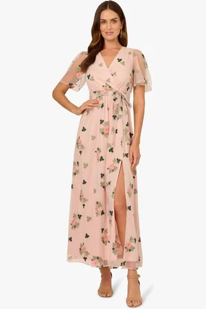 Adrianna Papell Pink Embroidered Flutter DressL