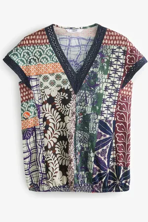 Next Short Sleeve Lace V-Neck Bubblehem 100% Cotton Top36 mały