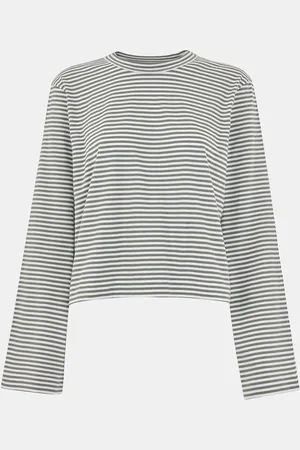 Whistles Green Stripe Crop Long Sleeve 100% Cotton T-Shirtsmall
