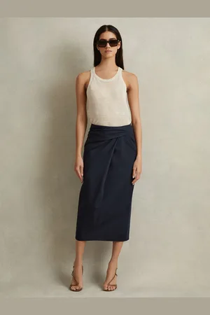 Reiss Nadia Cotton Blend Wrap Front Midi Skirt42