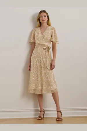 Ralph Lauren Kremowa sukienka midi z nadrukiem filsee i paskiemEU 38 (UK 10)