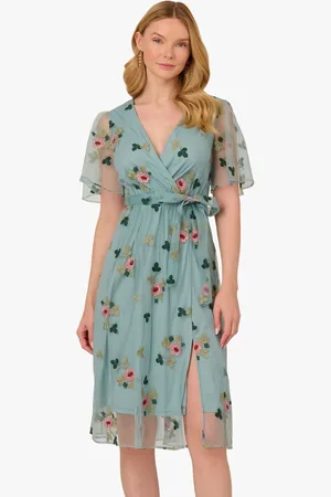Adrianna Papell Grey Embroidered Surplice Midi DressXL