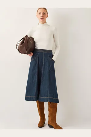 Monsoon Harper Seamed Denim 100% Cotton Midi SkirtS