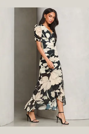 Lipsy London Floral Ruched Fabric Mix Midaxi Ruffle Dress44